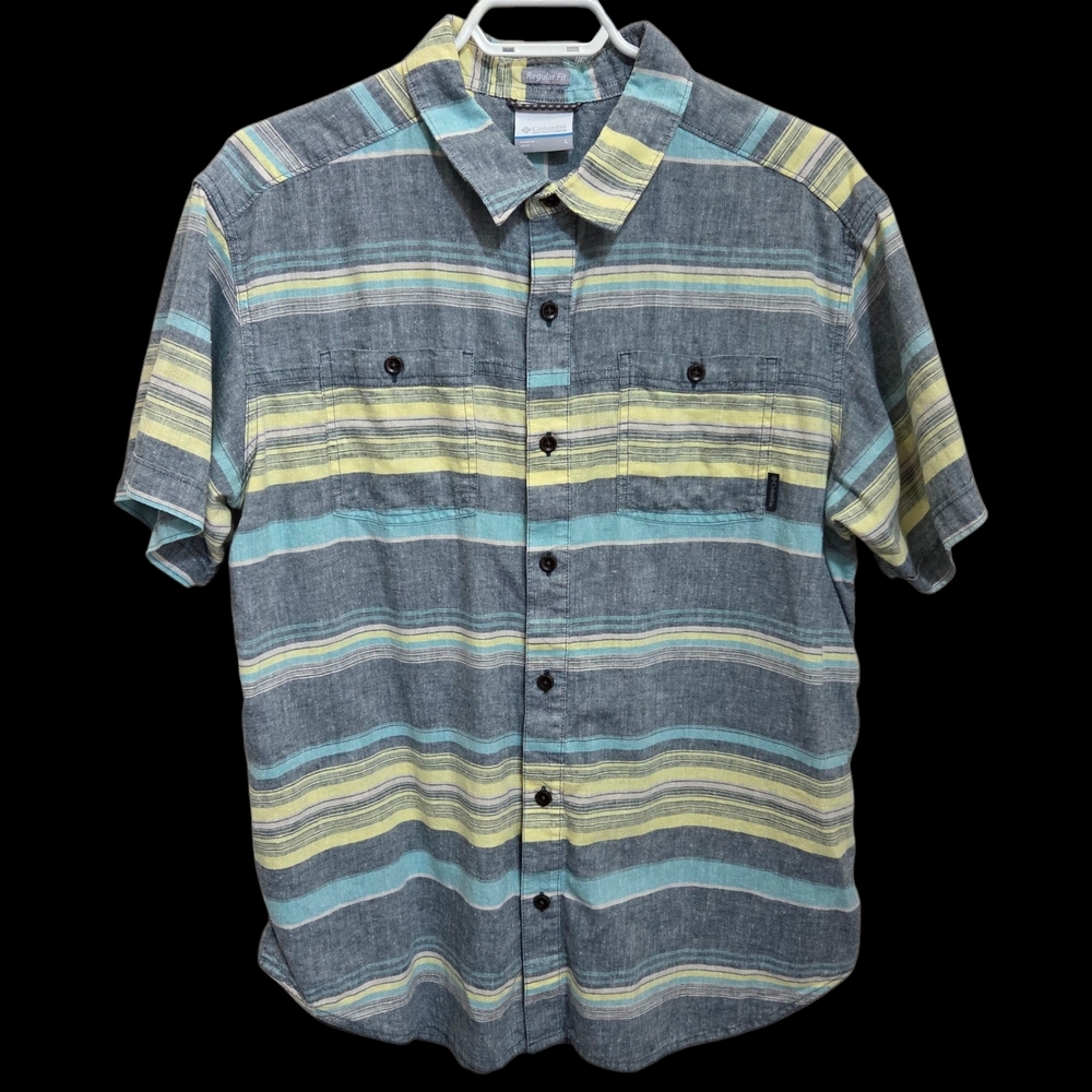 Columbia Men's Short Sleeve Button-Down Shirt in Gray, Yellow, Teal Stripes